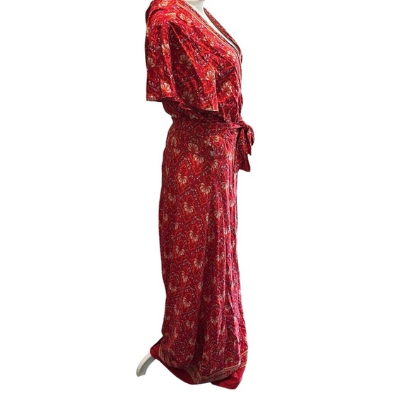 Chic Red Patterned Wraparound Maxi Dress - Picture 2 of 6